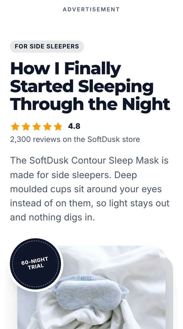 The published SoftDusk page on a phone: How I Finally Started Sleeping Through the Night, a 4.8 rating line, the opening copy and the product photo.