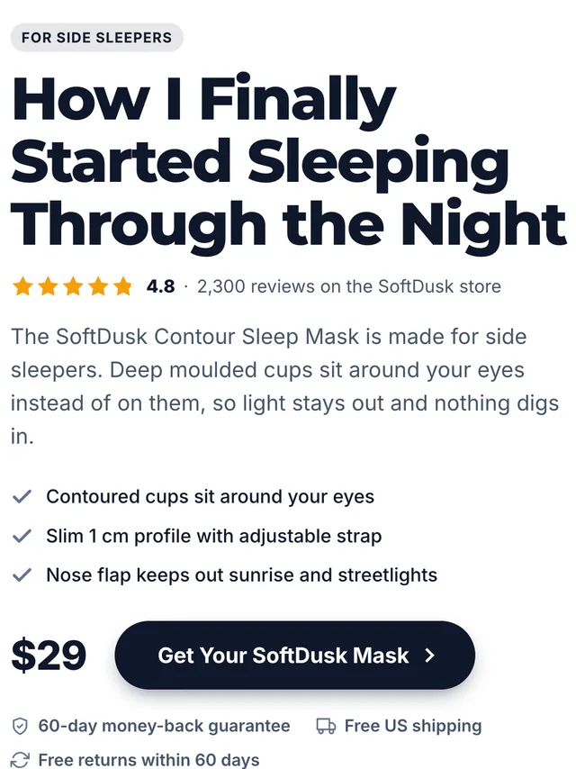 The published SoftDusk page: How I Finally Started Sleeping Through the Night, $29 and a Get Your SoftDusk Mask button.