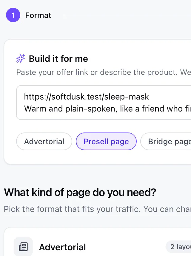 The Build it for me box with https://softdusk.test/sleep-mask and a note on tone typed in, and Presell page picked.