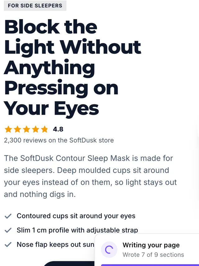 The SoftDusk page filling in: headline, rating, copy and bullets, with a card that says Wrote 7 of 9 sections.